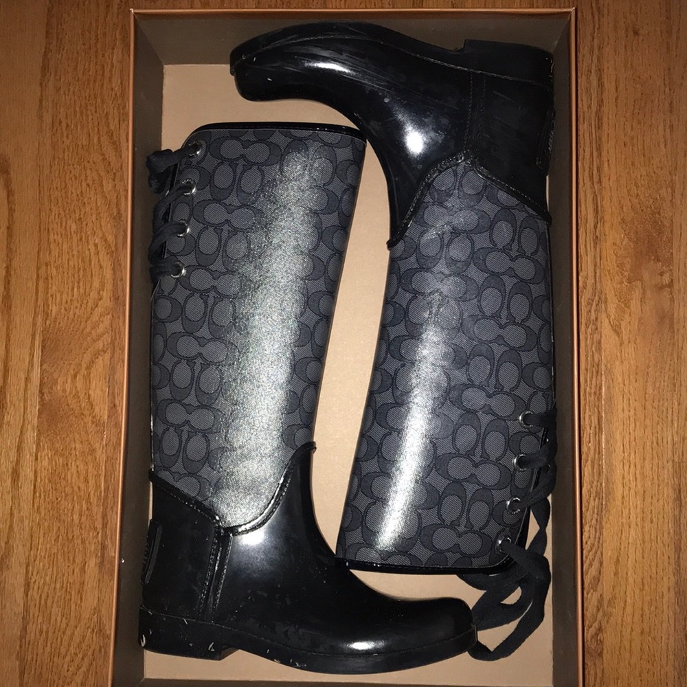 Coach Tristee Tall Rain boots, tie up in back.